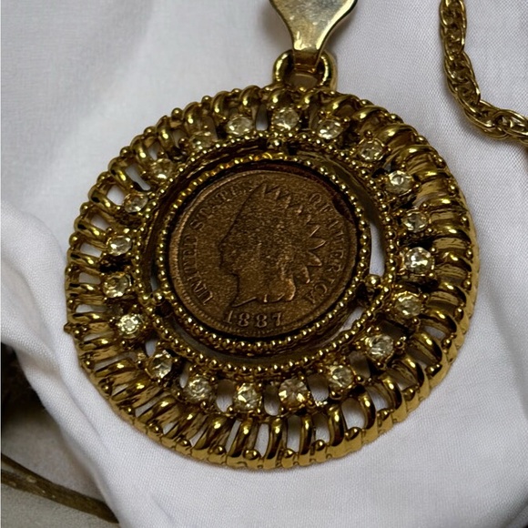 Sumthing Special Gold Tone 1887 Indian Penny Pendant Necklace 24” - Picture 7 of 9